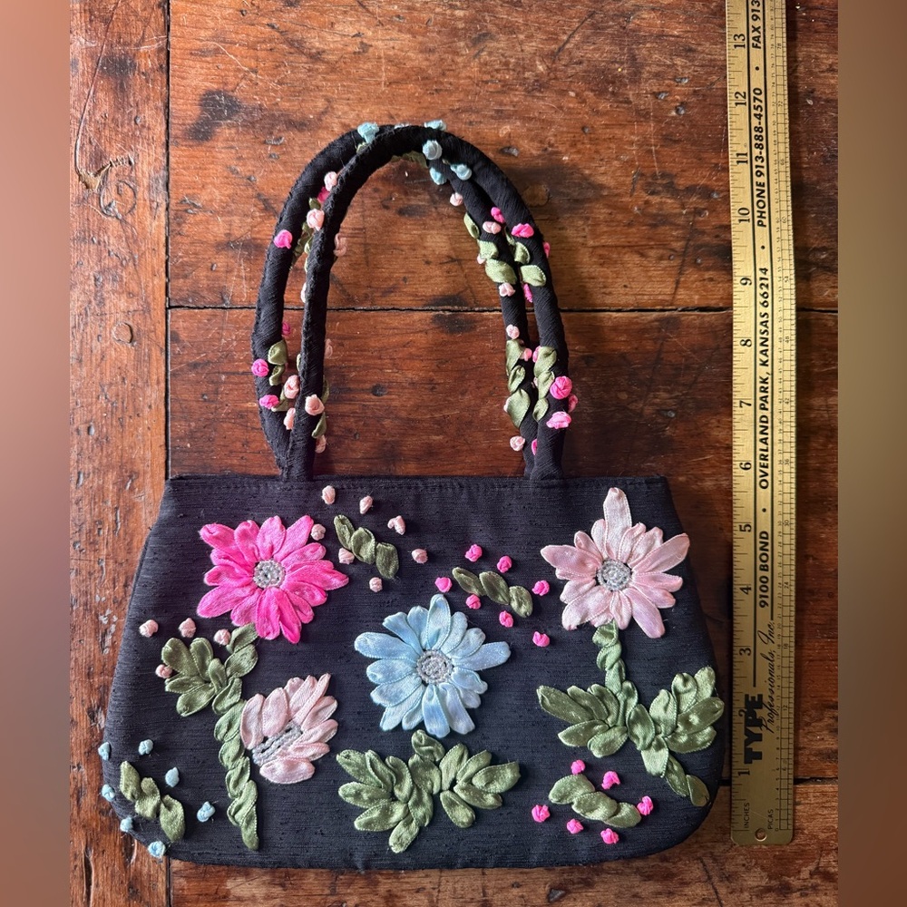 Vintage Fiorucci Black Floral Embroidered Handbag - Picture 6 of 7